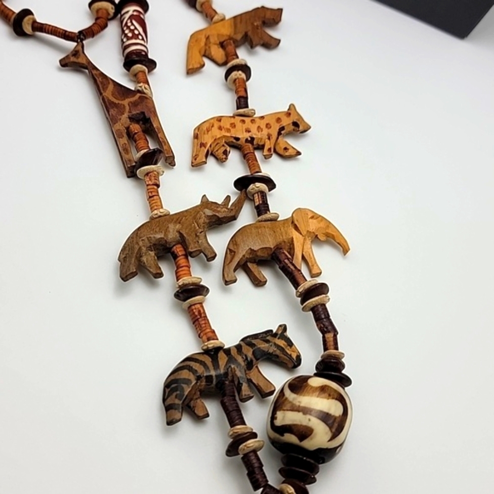 Handcrafted Animal Charm Necklace - Natural Wood Seed Pottery Ethnic Tribal 28" - Picture 6 of 12